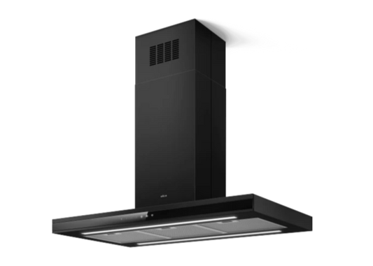 ADELE IS BL MAT/A/90X60 eilandafzuigkap in zwart glas en aluminium frame